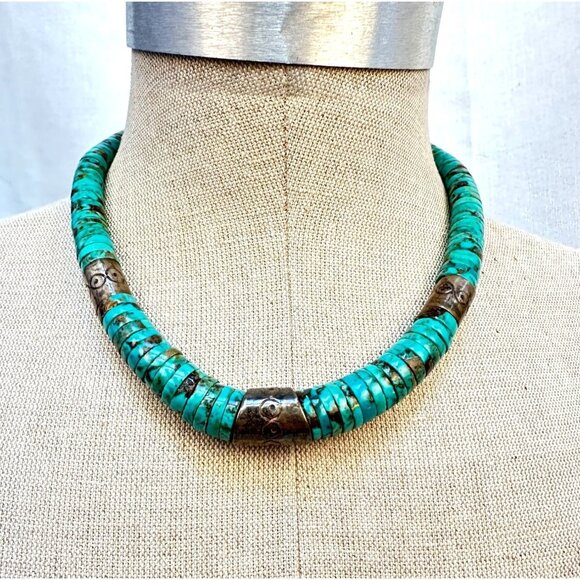 Santo Domingo Jewelry - Vintage Native American Kewa Necklace Handmade Heishi Turquoise & Silver Beads